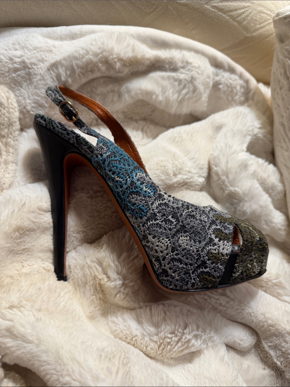 Missoni Multicolor Lace Slingback Heel in Gray, Teal & Olive